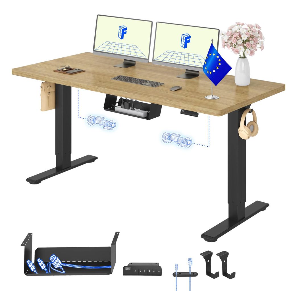 FLEXISPOT E1 Pro Elektrisch Höhenverstellbarer Schreibtisch EU, 140x80cm 25MM EINTEILIGE TISCHPLATTE Doppelmotor 120KG Tragkraft Natur-Eiche Optik