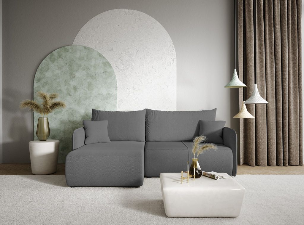 Ecksofa Sofa mit Schlaffunktion CALGARY Stoff Curio Dunkelgrau Ottomane Links