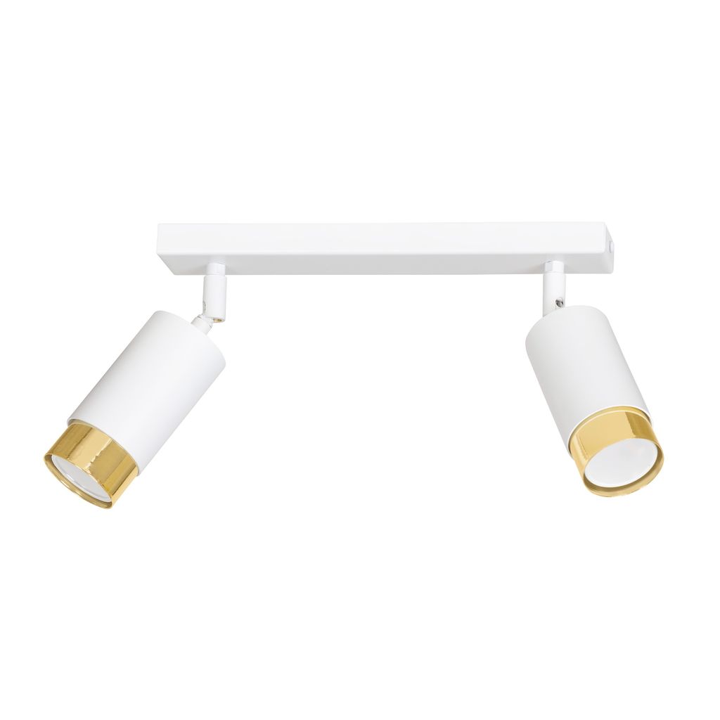 A white ceiling light with two adjustable spotlights, each with a gold accent ring.