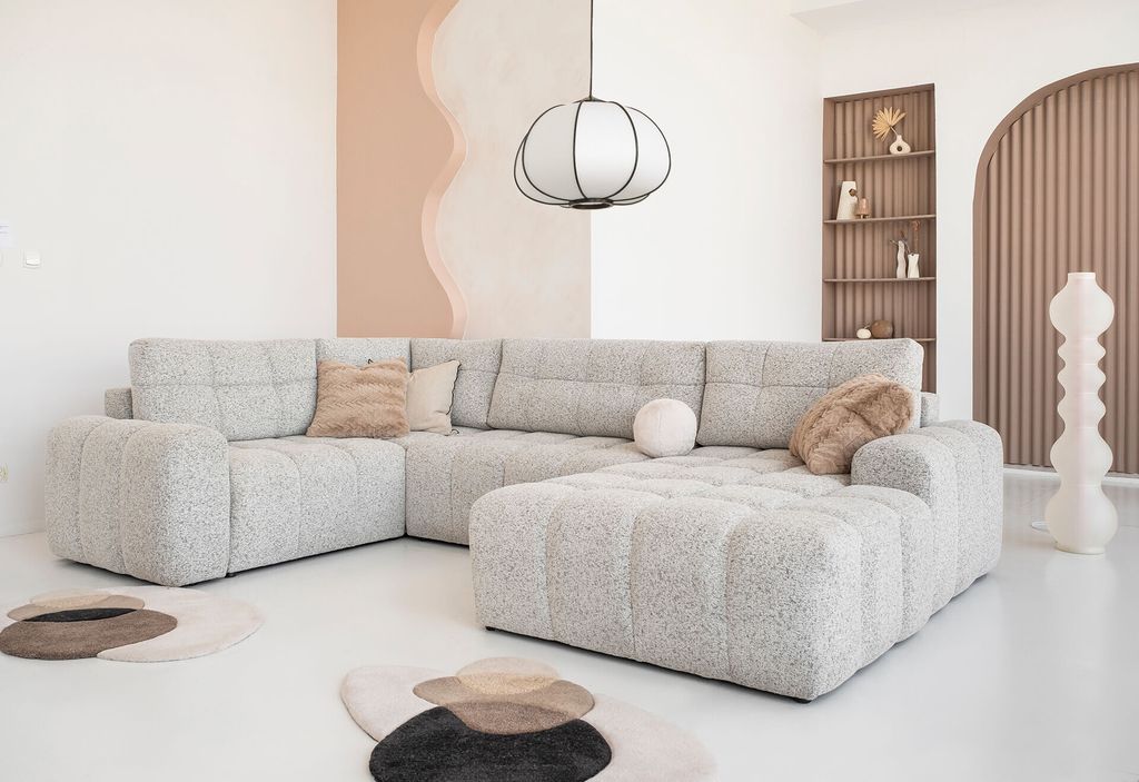 MIUFORM Lulu Ecksofa mit Bettfunktion und Bettkasten U-FORM LINKS – 333 x 213 cm - Salz und Pfeffer - Sofa Schlafsofa Couch Modulsofa