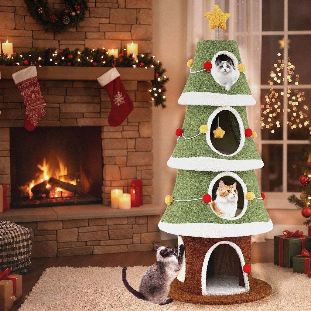 154 cm Kratzbaum Weihnachten, mehrstöckiger Katzenbaum mit 4 Katzenhöhlen, Sisal-Kratzmatte & hängendes Spielzeug, Katze Weihnachtsbaum, Aktivze...