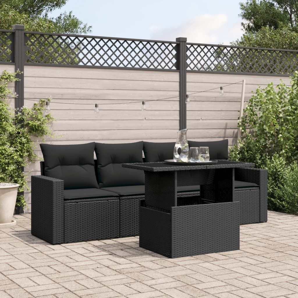 "Rabatt" 5-tlg. Garten-Sofagarnitur - mit sofa - mit Kissen Schwarz Poly Rattan - Lounge-Dining set CC10383