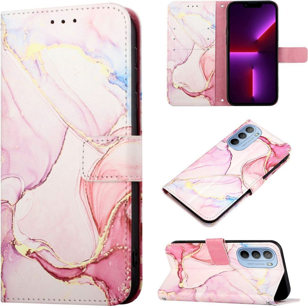 Moto G31 Hülle, Marmor Motiv Kunstleder Tasche Wallet Kartenfächer mit Standfunktion Klapp Schutzhülle für Motorola Moto G31 Pink Weiß