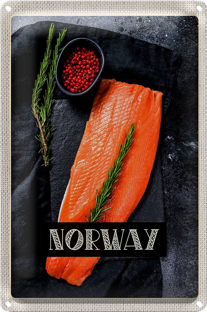 Blechschild Reise 40x30cm Norwegen Delikatese Lachs Thymian