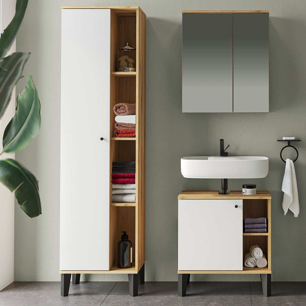Badmöbel-Set 3-teilig mit Waschbeckenunterschrank 60 cm, modern, in Eiche mit weiß OLEAN-61