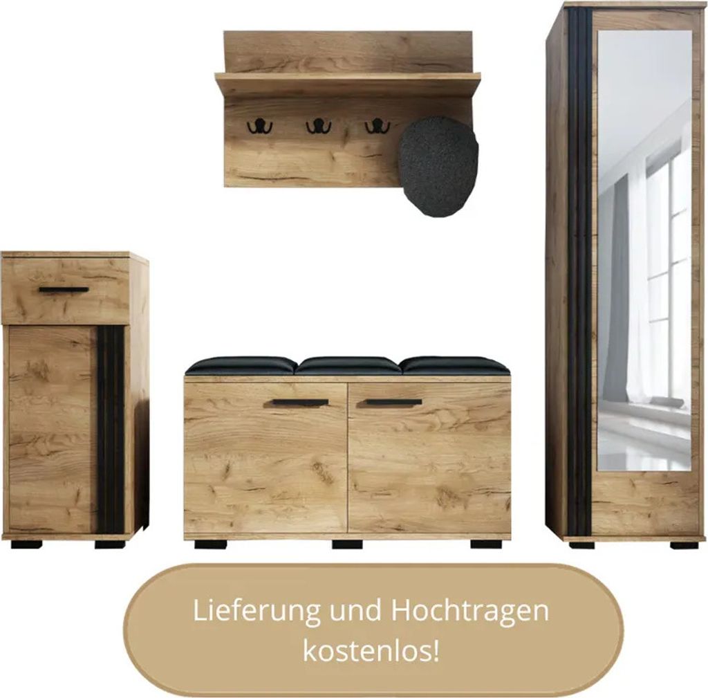 Garderobenset PIK Wandgarderobe Flurmöbel, Kleiderschrank, 4 Kleiderhaken, Schuhschrank, Schrank, fertig aufgebaut, Farbe: Goldene Eiche