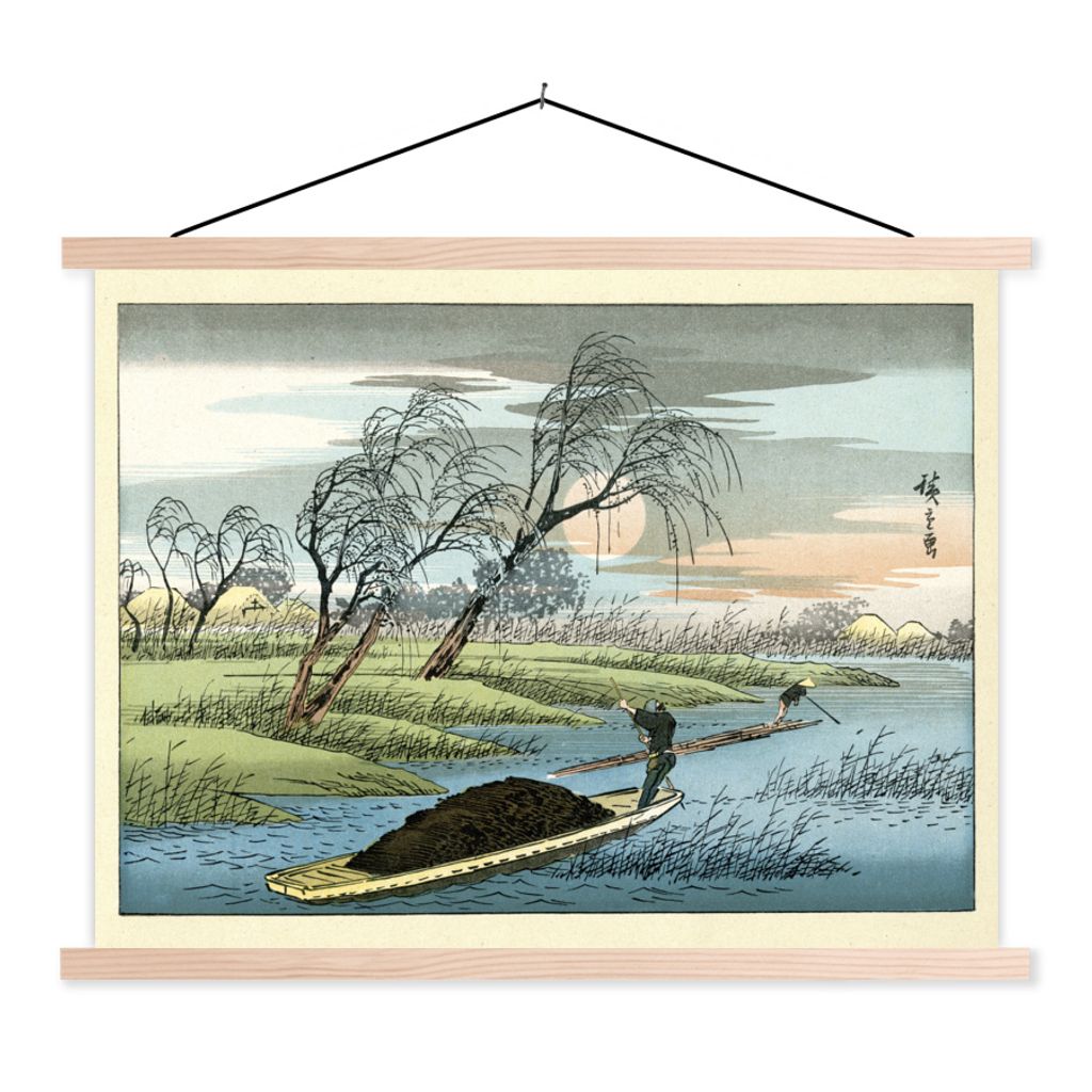 MuchoWow Textilposter Japanischer Farbholzschnitt 150x113 cm mit holzfarbenen Rahmen - Poster