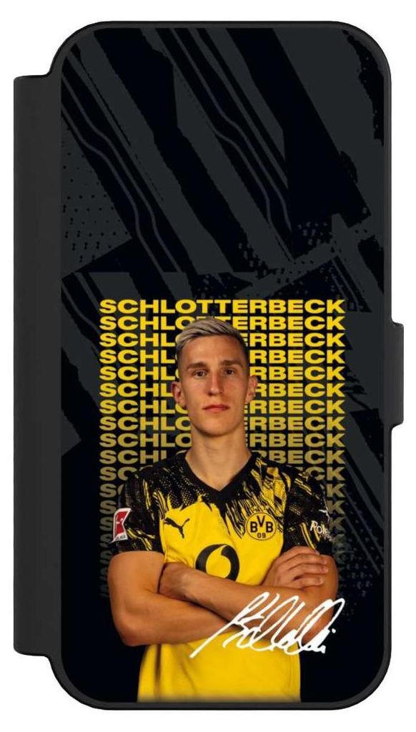 NIVOCASE Klapphülle für Apple iPhone 16 Handyhülle aus Kunst Leder NIVOflip schwarz BVB Borussia Dortmund Nico Schlotterbeck