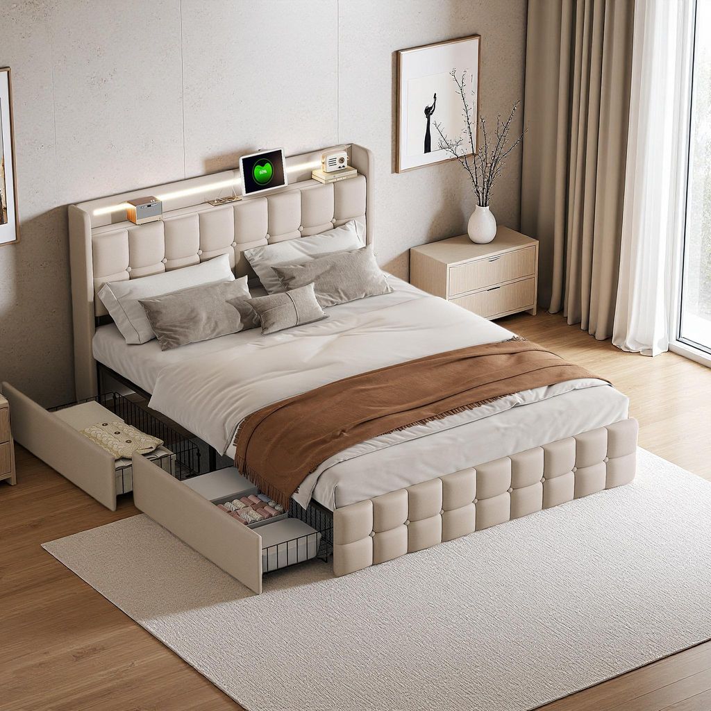 140x200 cm Stauraumbett mit gepolstertem Kopfteil, LED-Beleuchtung, USB-Anschlüssen, 4 Schubladen, Lattenrost aus Holz, beigefarbenem Stoffbezug (...