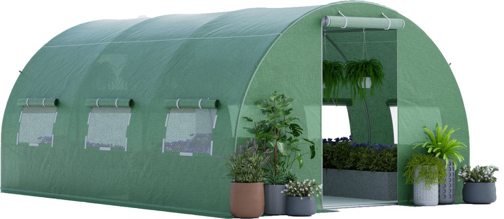 GOPLUS 4x3x2m Foliengewächshaus, Folientunnel Gewächshaus mit Rollfenster, Tür, Metallrahmen & Erdanker, Gewächshaus Treibhaus Gartengewächsh...