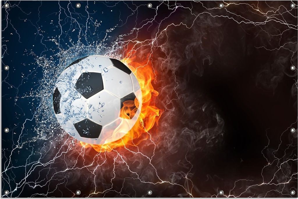 Wallario Outdoor-Poster für Garten oder Balkon, Motiv Fußball - Feuer und Wasser, in ca. 120 x 180 cm