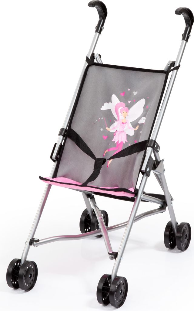Bayer Design Puppenbuggy, Puppenwagen mit integrierten Sicherheitsgurt, leicht faltbar, klappbar, grau, pink mit Fee