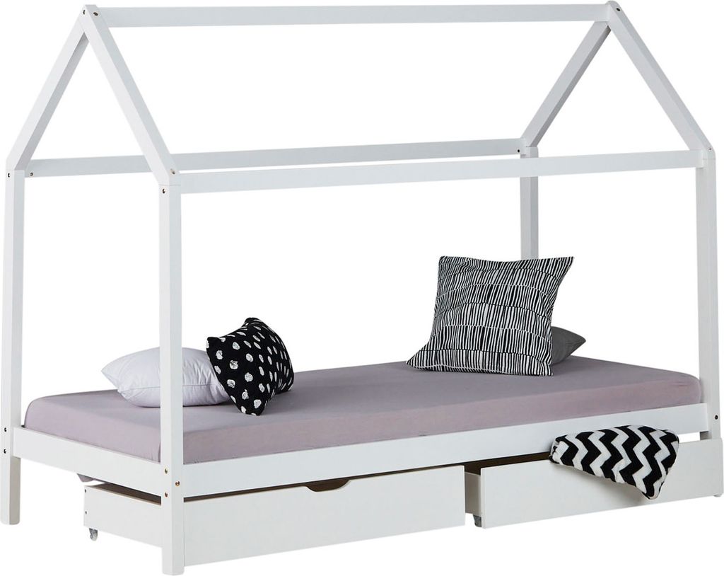 Homestyle4u Kinderbett mit Matratze Kinderhaus Hausbett 90x200 cm Weiß mit Bettkasten