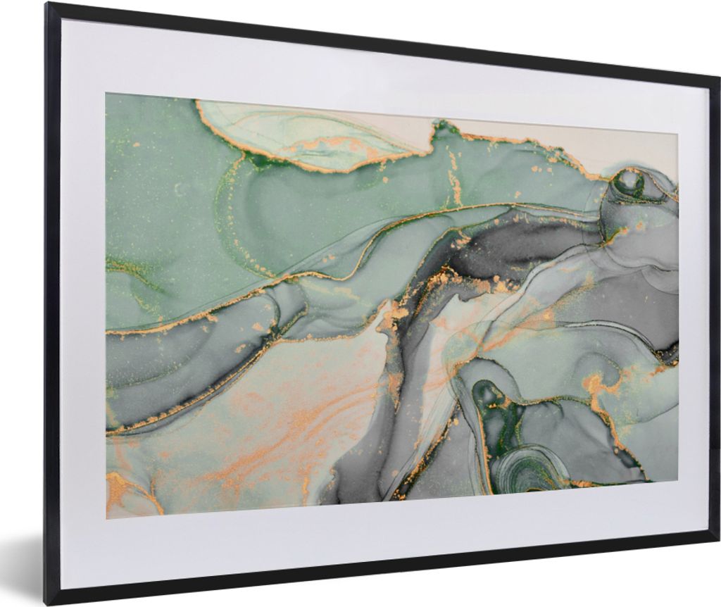 MuchoWow Gerahmtes Poster Gold - Marmor - Grün - Luxus - Glitzer - Marmoroptik 60x40 cm - Poster mit Schwarzem Bilderrahmen Wandposter Rahmen Fo...