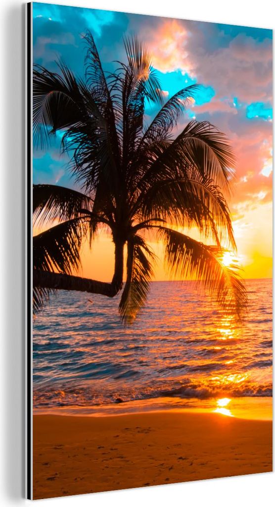 MuchoWow Wanddekoration Metall Metallbild Wandkunst 100x150 cm Palme - Sonnenuntergang - Horizont - Strand - Meer - Tropisch MuchoWow Aluminium Gem...