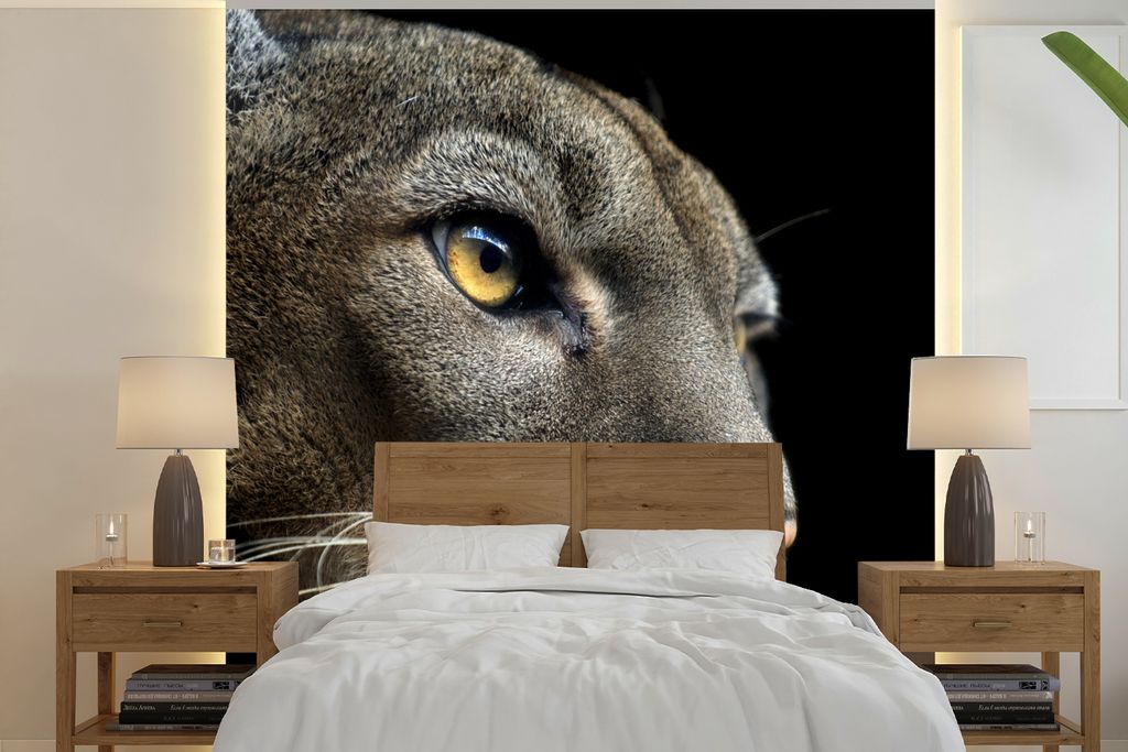 MuchoWow Fototapete für Wohnzimmer oder Schlafzimmer Wandtapete Vinyl Motivtapete Cougar - Augen - Schwarz - 220x220 cm - Tapeten