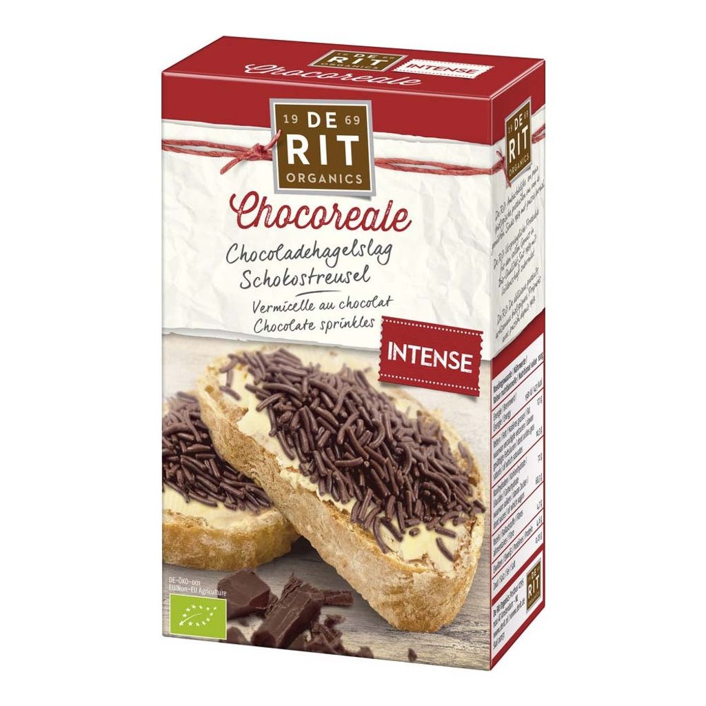 A box of chocolate sprinkles with an image of bread topped with butter and sprinkles.
