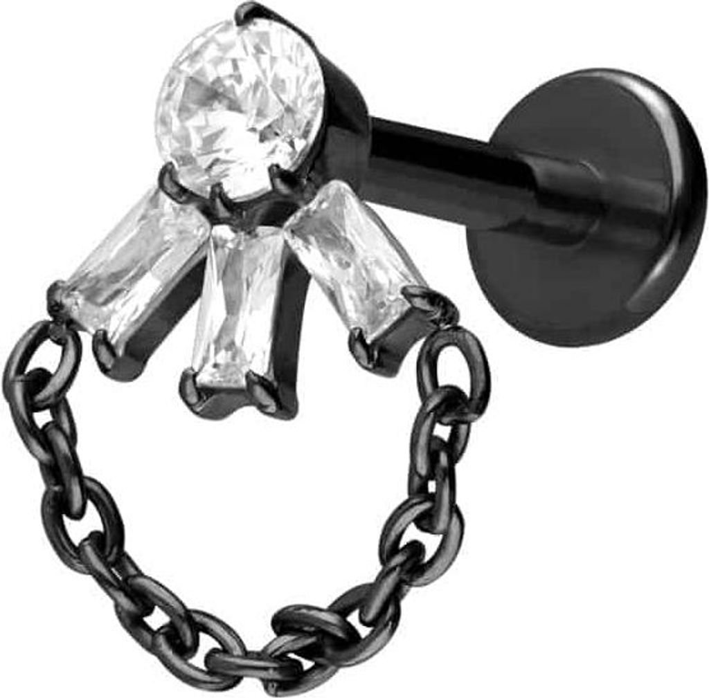 Ohrpiercing, Nasenpiercing Titan Labret mit Innengewinde LOTUSBLÜTE + KETTE Schwarz Stablänge: 6mm | Stabstärke: 1,2mm