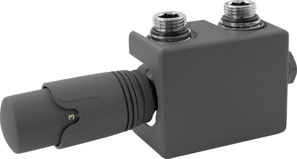 A close-up studio shot of a radiator valve set with a thermostat head.