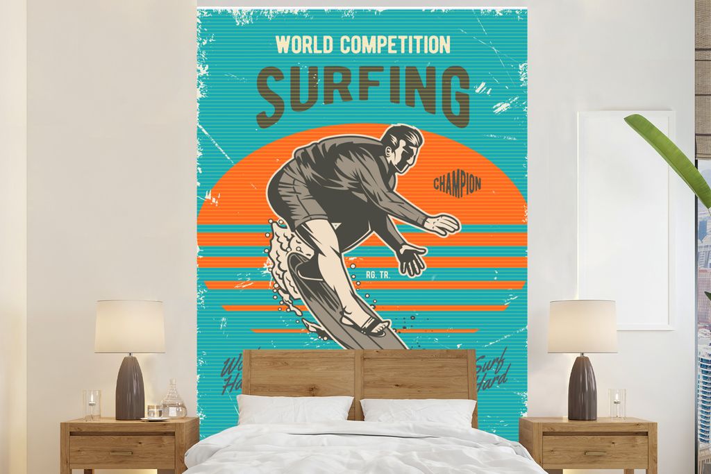 MuchoWow Fototapete für Wohnzimmer oder Schlafzimmer Wandtapete Vinyl Motivtapete Vintage - Surfen - Surfbrett - 170x260 cm - Wohnzimmertapete