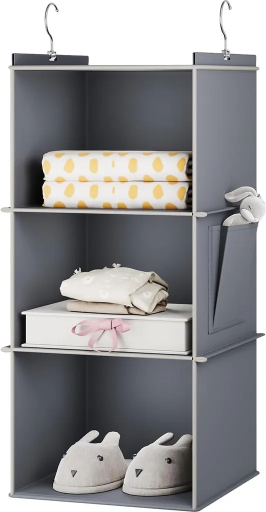 Étagère suspendue avec poches latérales - Rangement textile gris souple