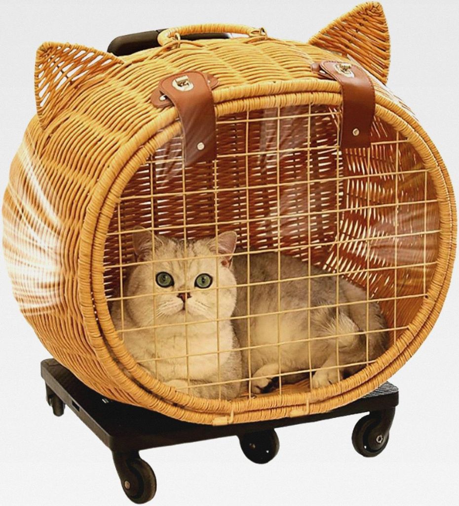 Kinderwagen für kleine Hunde | Hundewagen aus Rattan mit Rädern und Katzentransporter, atmungsaktiver Transportkorb für Kätzchen, Welpen und Ka...
