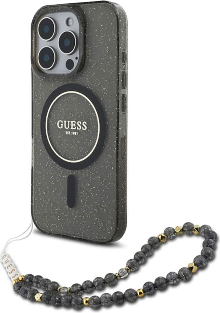 Guess GUHMP16LHGCRELSK iPhone 16 Pro 6.3" schwarz hardcase IML Glitter With Pearl Strap MagSafe Schutzhülle