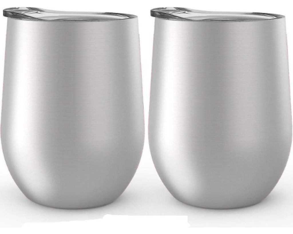 Edelstahl-Weinglas ohne Stiel, 2er-Pack, 355 ml | Doppelwandige, vakuumisolierte Weingläser mit Deckel, 2er-Set