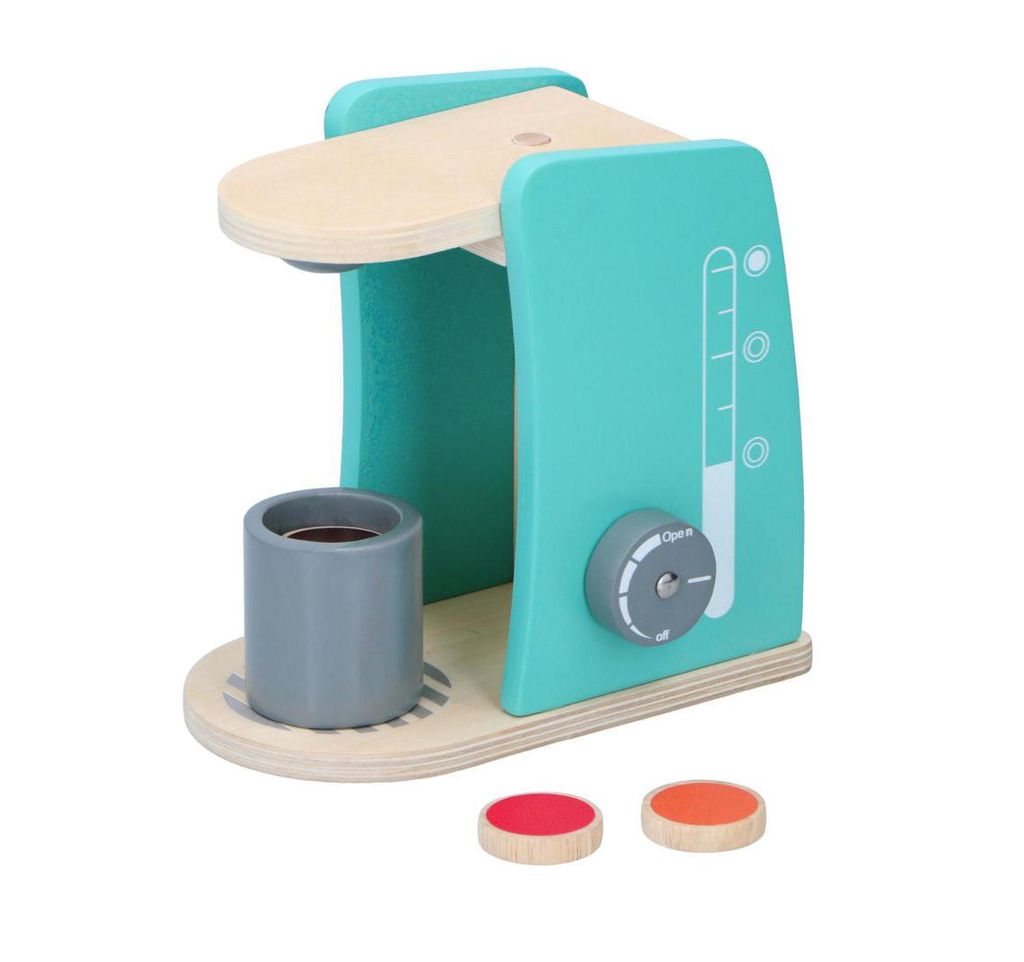 5-teiliges Holzspielzeug-Set Kaffeemaschine mit Drehknopf, aufgemalter Wasserstandskala, Becher mit 3 verschiedenen Einlagen, Holz