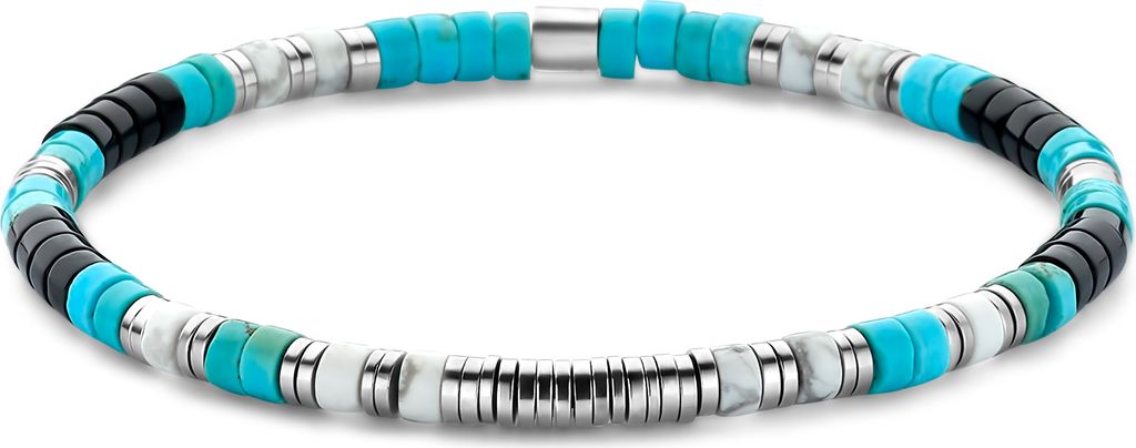 Frank 1967 - 7FB-0761 - flaches Perlenarmband Herren - schwarzer Achat, Türkis, Howlit und Stahl - 4*2 mm