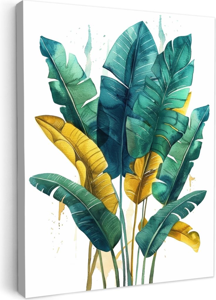 MuchoWow - Leinwandbilder - Blätter - Grün - Tropisch - Gold - Natur, Wandbild, Wanddeko Bilder Wohnzimmer, 30x40 cm
