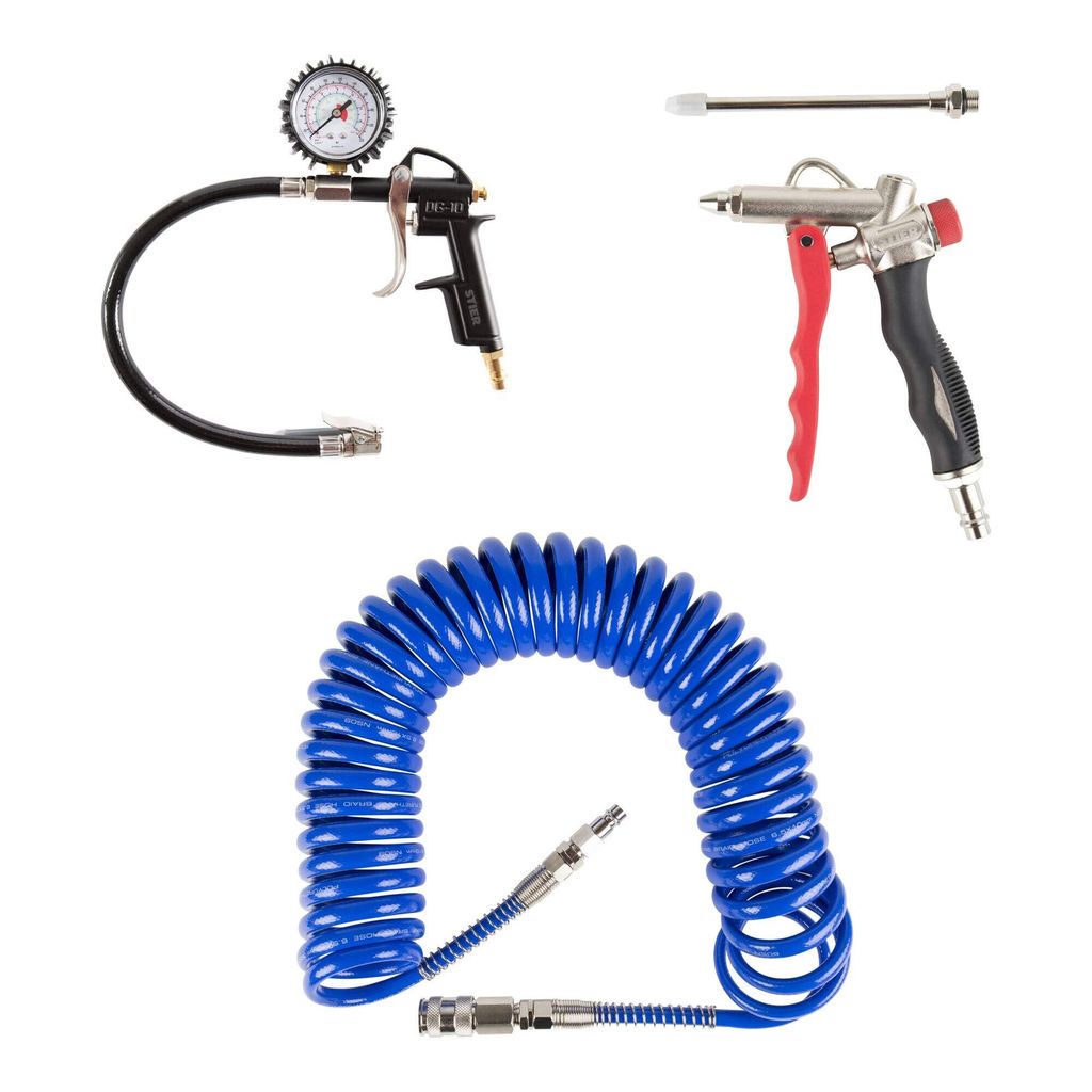STIER Druckluft-Set Premium, 3-teilig, Reifenfüllmessgerät, Spiralschlauch, Ausblaspistole, mit Wechseldüse, Kfz, mit Knickschutz und aus langle...