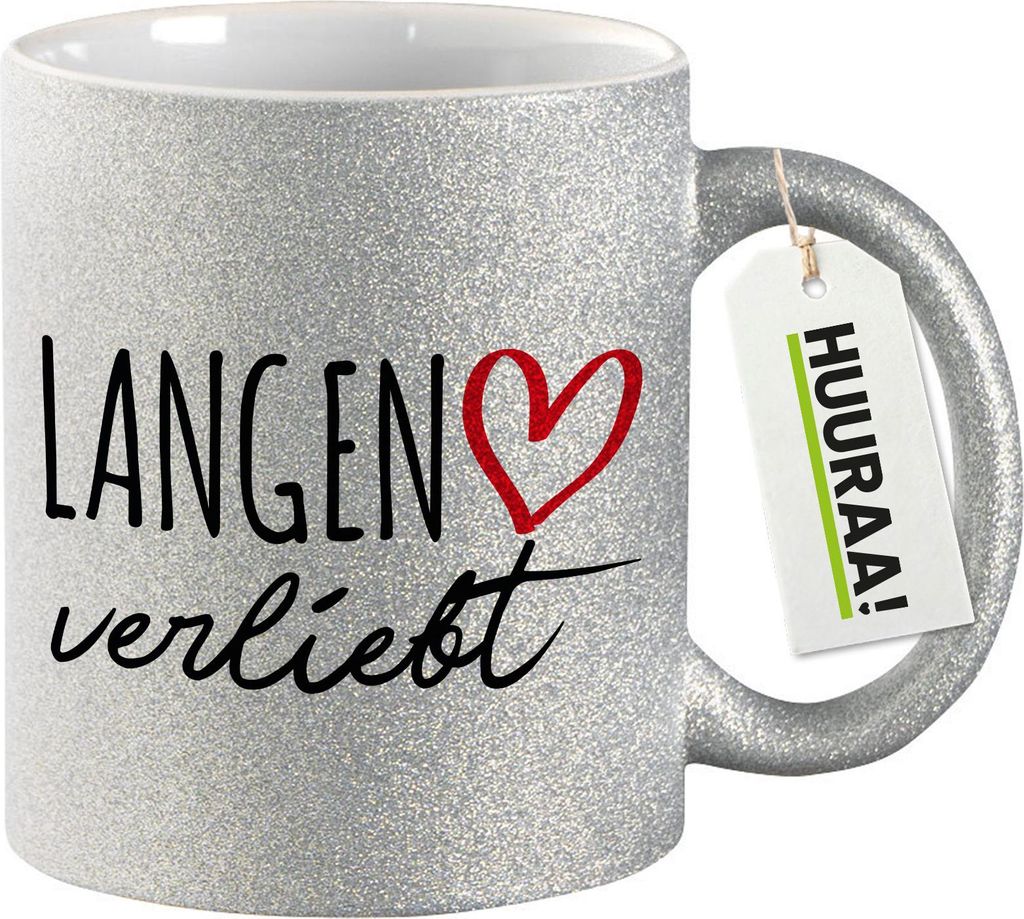 Huuraa Glitzertasse Langen verliebt 330ml Silber Keramik Kaffeebecher Geschenkidee
