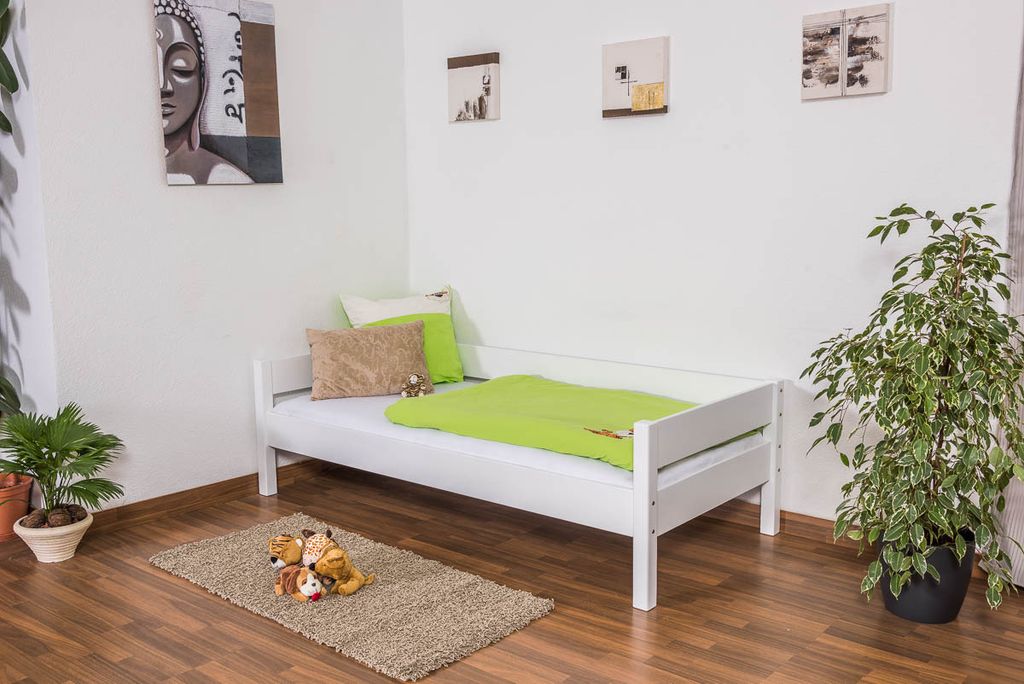 Kinderbett 90 x 200 cm | Massivholz: Buche | Weiß Lackiert