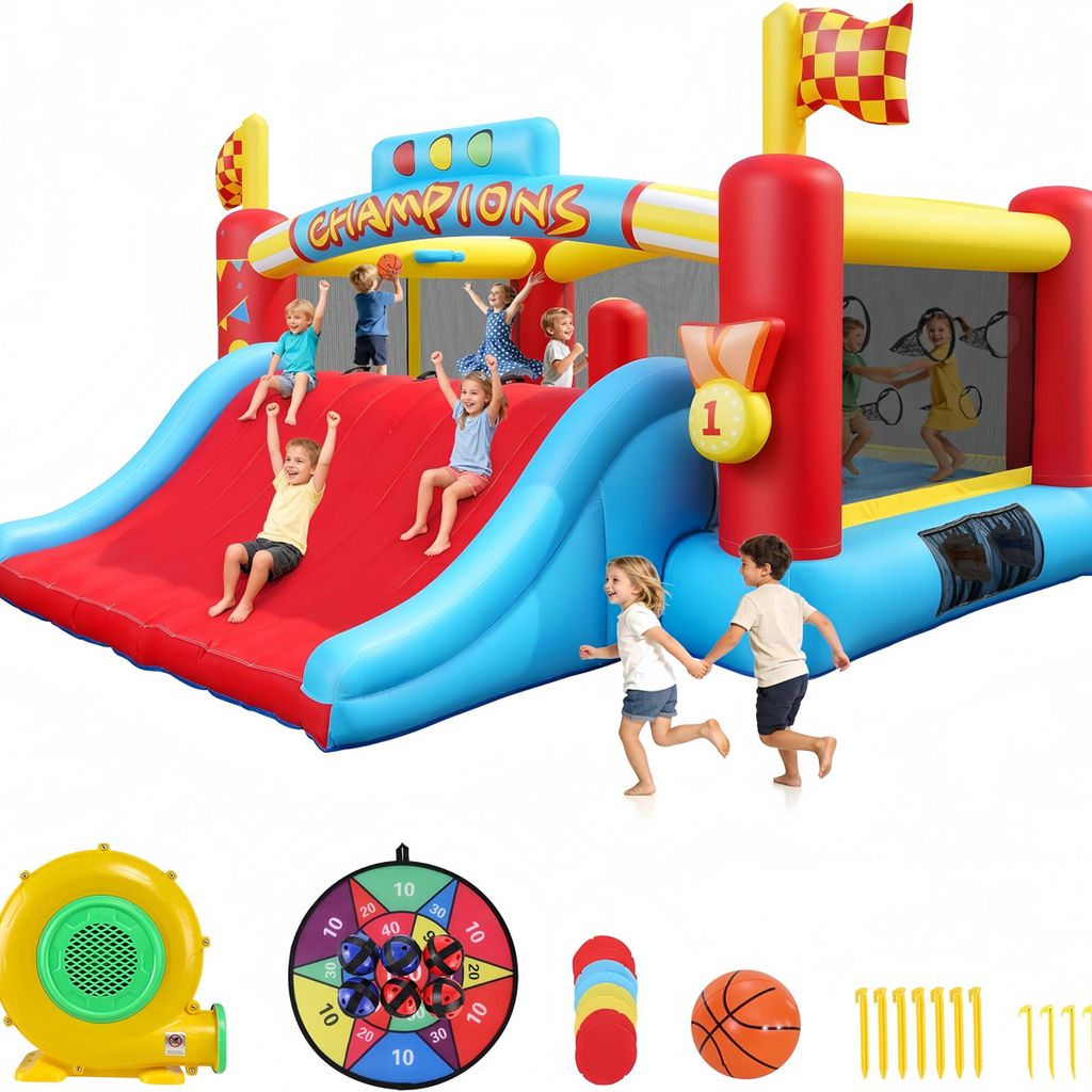 Hüpfburg Hindernisparcours 400x340cm - Kinder Springburg mit Rutsche Basketball 3-12 Jahre + 550W Gebläse, Hüpfburgen