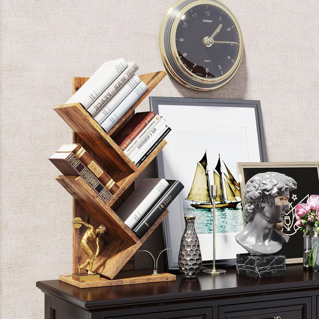 Bücherregal in Baumform, Raumteiler mit 4 Ebenen, stehendes Regal, 30 x 17 x 60 cm, platzsparend, Holzregal für Bücher, CDs, Dekoration, für Sc...