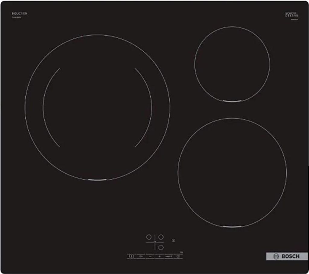 A top-down view of a black induction cooktop with three heating elements.