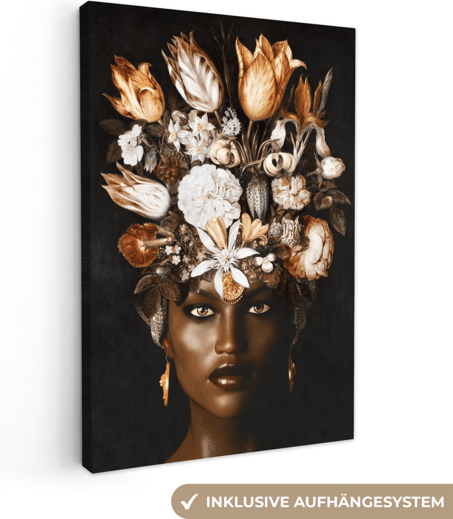 OneMillionCanvasses - Leinwandbilder - 90x140 cm, Frau - Blumen - Schwarz, Wandbilder Kunstdruck Wanddekoration - Wandschmucke - Schlafzimmer