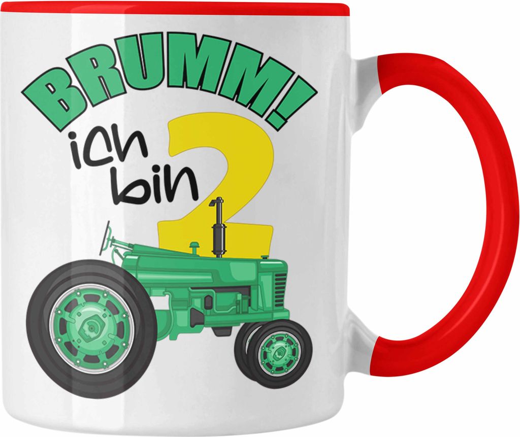 Trendation - 2. Geburtstag Tasse Geschenk Becher Zweiter Bday Geschenkidee 2 Jahre Alt Baby Junge Jungs Kakaotasse Traktor (Rot)