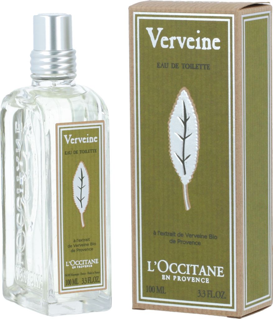 A bottle of L'Occitane Verveine Eau de Toilette and its packaging are shown against a white background.