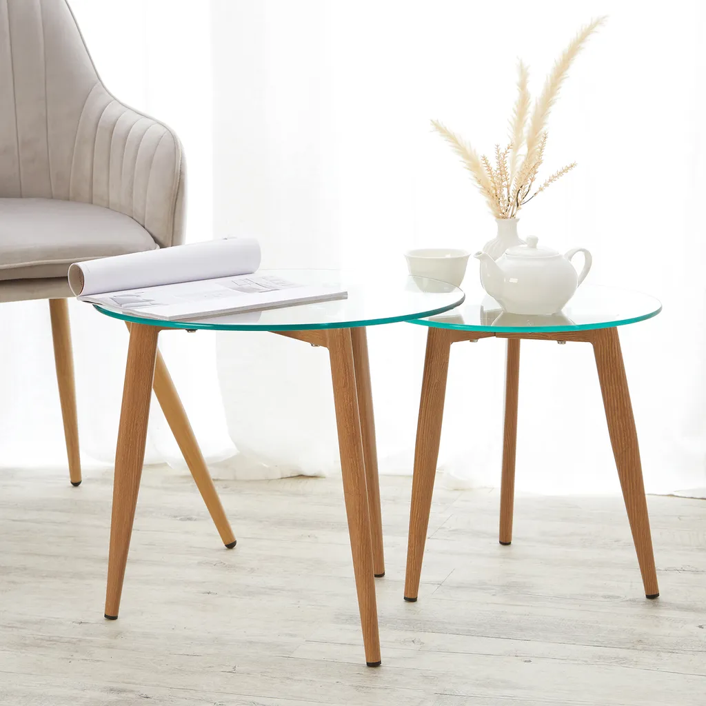 Table basse ronde en verre et table d'appoint lot de 2 design moderne