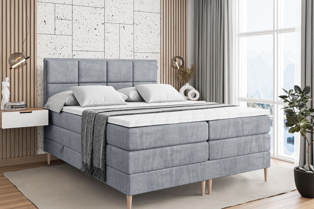 ALTDECOR Boxspringbett mit Holz Füßen, Matratze und Lattenrost, Topper, Polsterbett mit Bettkasten, Bett mit Stauraum H3- und H4- Matratze, Doppe...