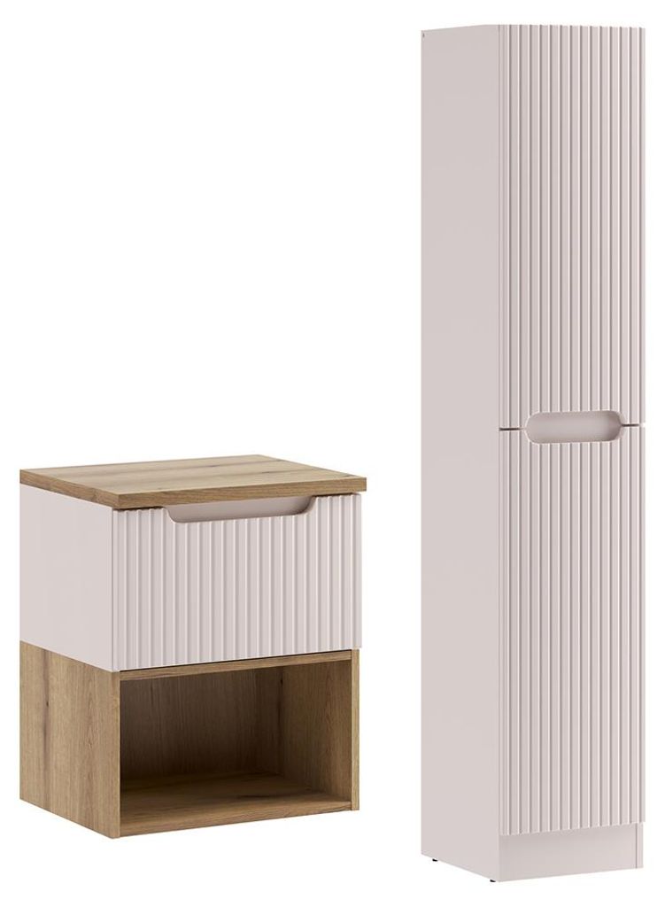 Badmöbel-Set 2-teilig mit 50 cm Waschtisch in kaschmir & Eiche, gerillte Front, geringe Tiefe - NEWPORT-56-CASHMERE