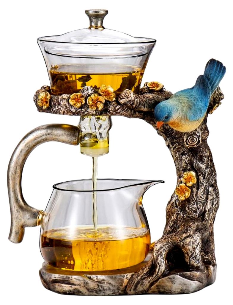 Glas-Teekannen-Set im Tier-Vogel-Design, halbautomatisch, mit rotierender Schüssel und Teesieb