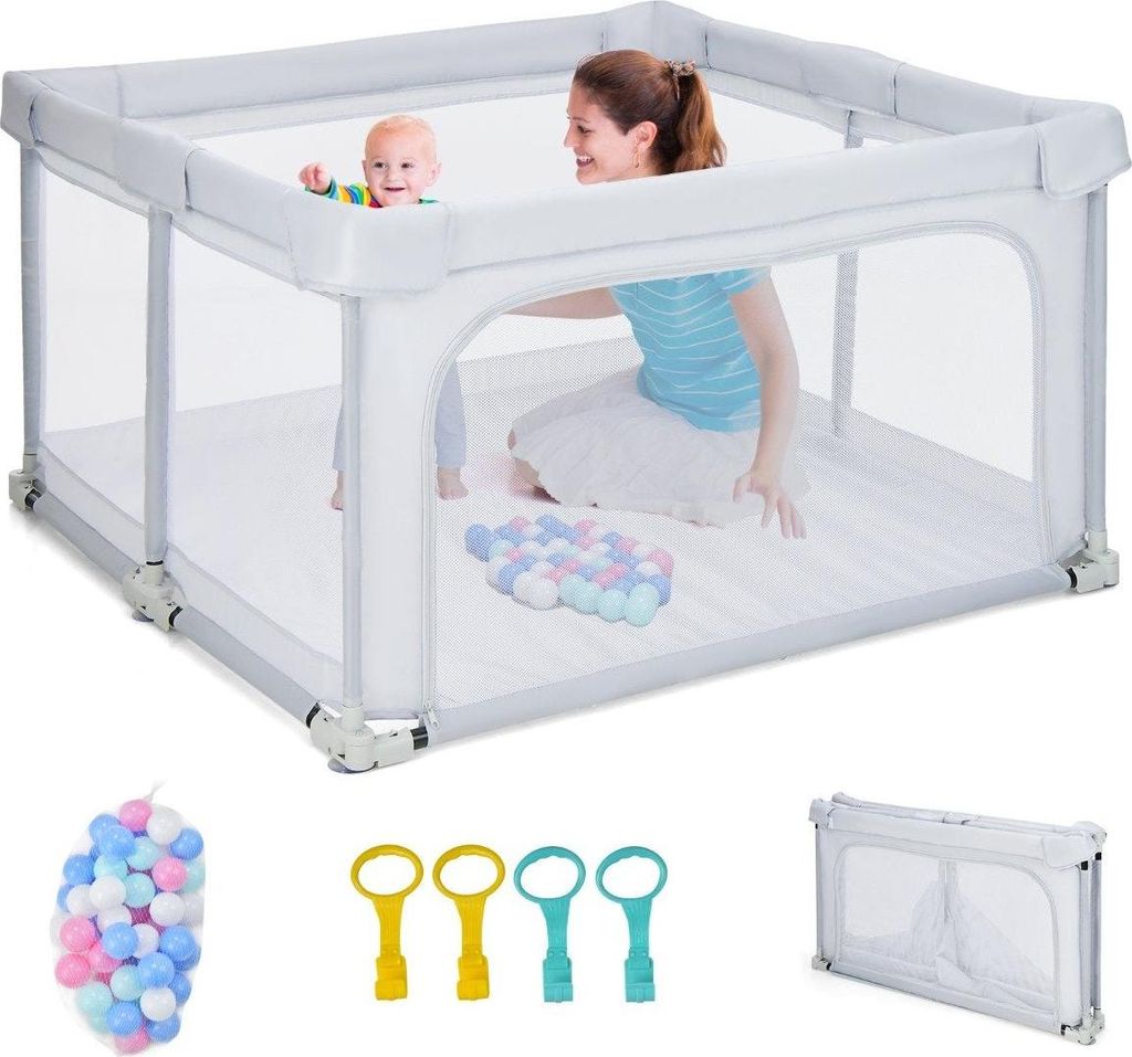 Quadratischer Baby-Laufstall 124 x 124 cm Großer Spielzaun Hellgrau