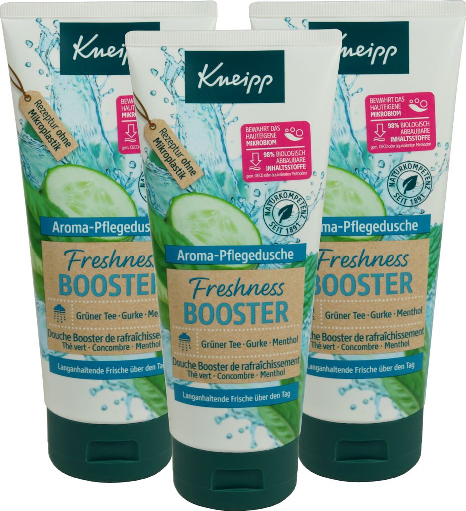 3x Kneipp Freshness Booster mit Grüner Tee-Gurke-Menthol-Duft, Aroma-Pflegedusche, je 200ml