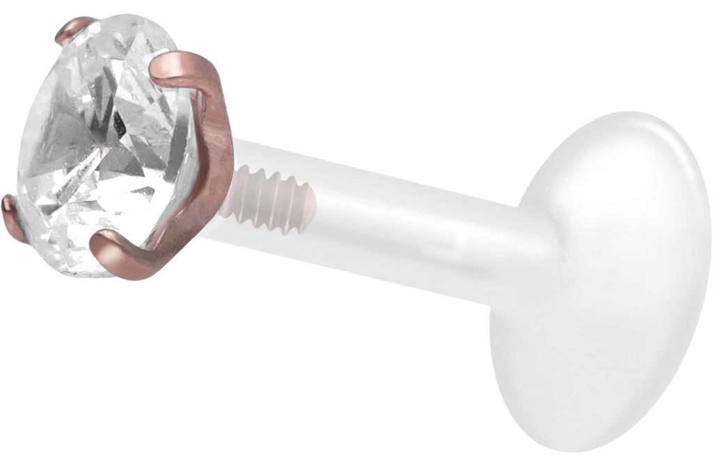 Ohrpiercing, Nasenpiercing PTFE Labret mit Innengewinde + Titan-Aufsatz EINGEFASSTER KRISTALL RoséGold Stablänge: 6mm | Stabstärke: 1,2mm | Kris...