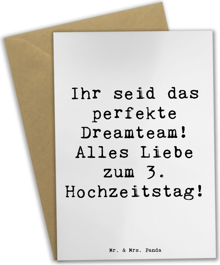 Mr. & Mrs. Panda Glückwunschkarte Spruch 3. Hochzeitstag Lederhochzeit Dreamteam - Weiß - Geschenk, Geschenke, weihnachtskarten, Grußkarte, einl...