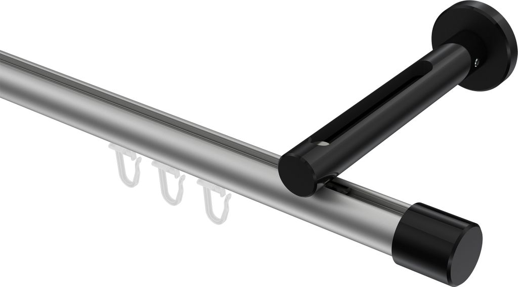 Interdeco Innenlaufstange / Gardinenstange mit Innenlauf Silbergrau / Schwarz, Typ Siteno Santo (Kappe), 20 mm Ø 1-läufig, 180 cm