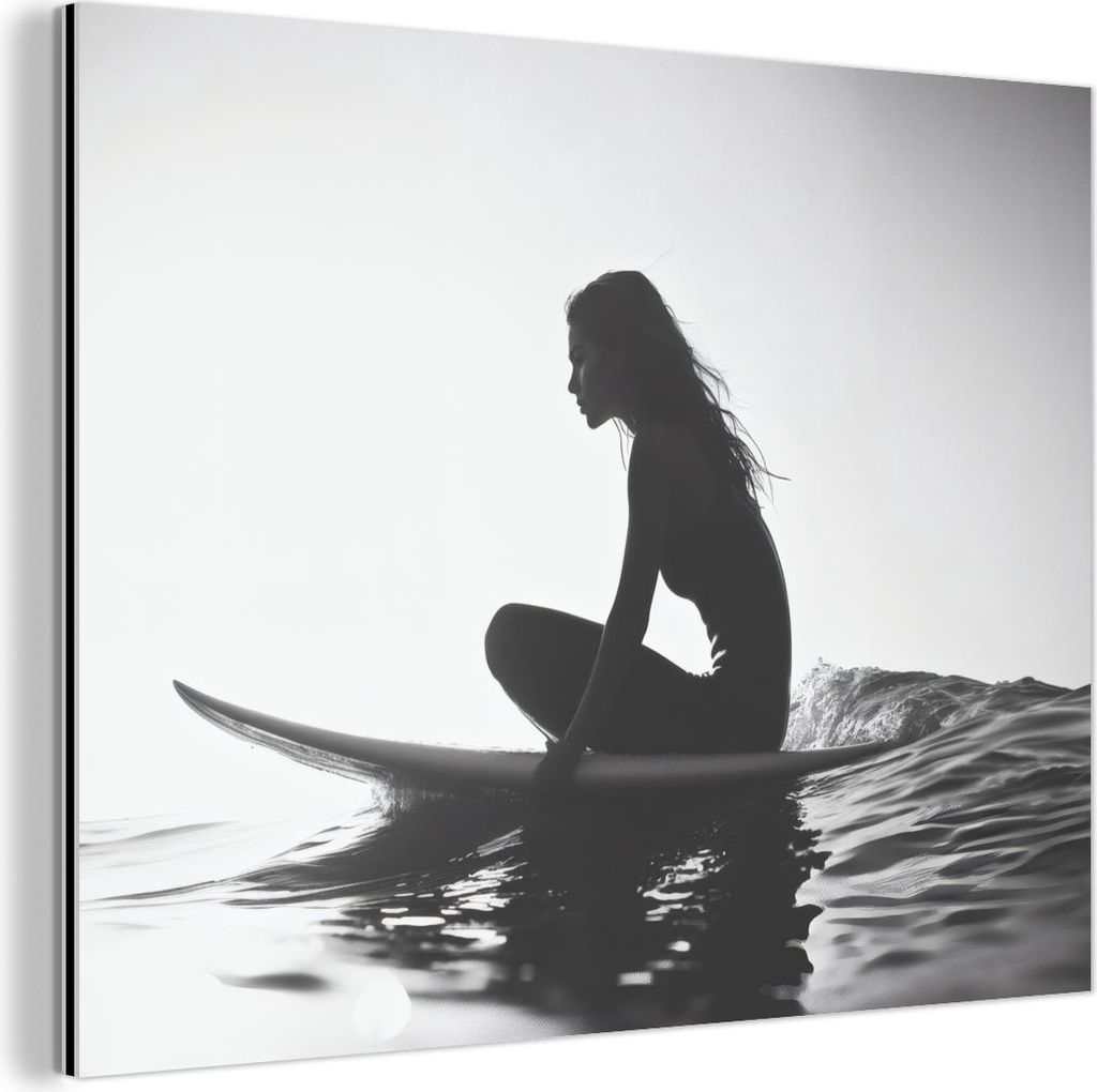 MuchoWow Wanddekoration Metall Metallbild Wandkunst 40x30 cm Silhouette - Frau - Surfbrett - Wasser MuchoWow Aluminium Gemälde - Dekoration Wohnzi...